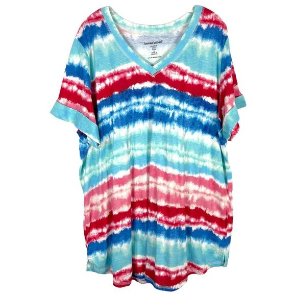 Woman Within Plus Size 1X 22W 24W Top Blue Red Tie Dye Striped V‎ Neck 1652 - Picture 9 of 9